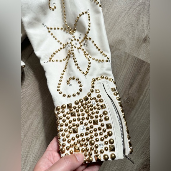 Vintage 1980s John Michael White Leather Studded Rhinestone Jacket Large - Picture 6 of 9